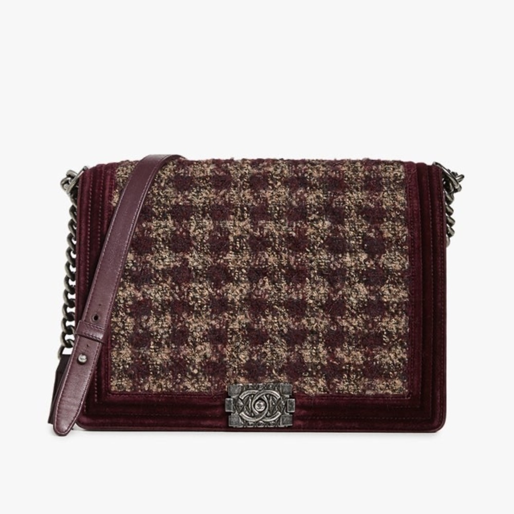 CHANEL LARGE VELVET TWEED BURGUNDY CROSS BODY BOY BAG